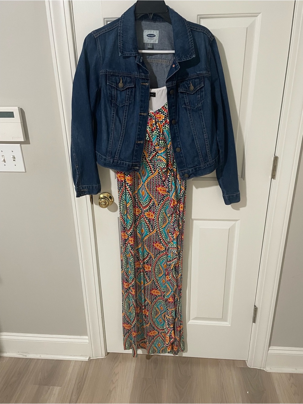 Denim  old navy Jacket with Colorful Patterned Maxi Dress Spenser large